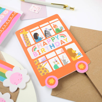 Playful Double Decker Bus Birthday Card for Children