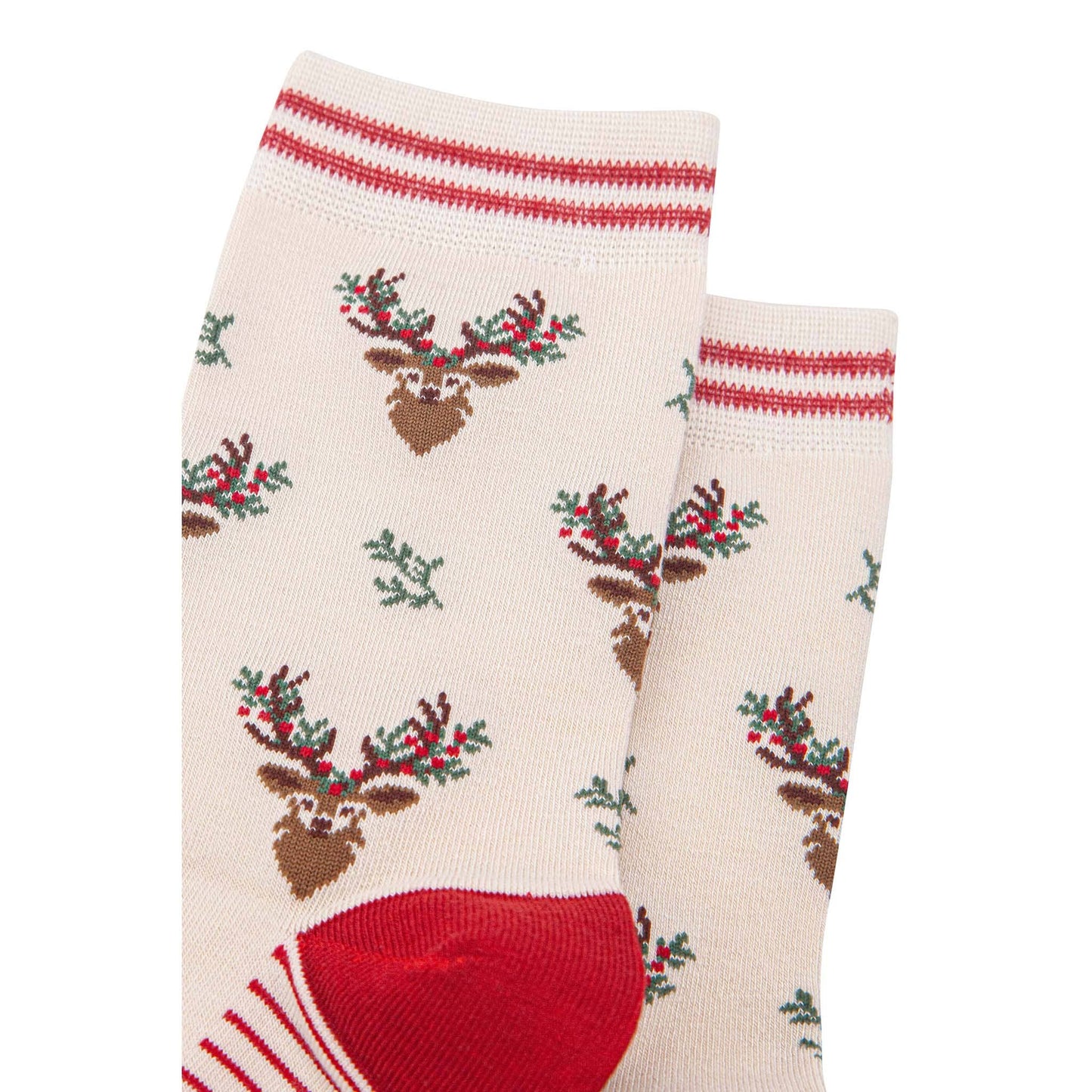 Women's Bamboo Socks - Cream/Red, Floral Reindeer