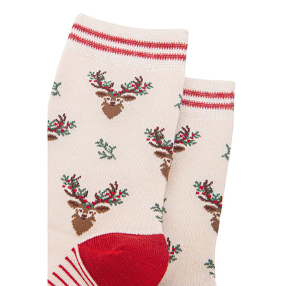 Women's Bamboo Socks - Cream/Red, Floral Reindeer