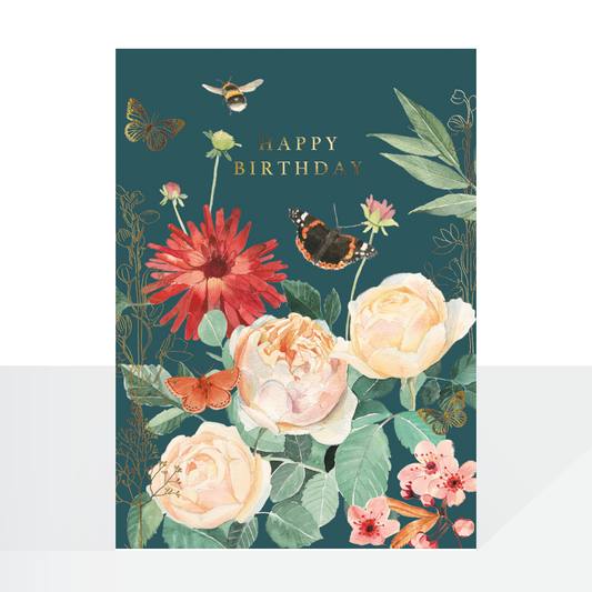 Happy  birthday butterfly, bees & flowers - card