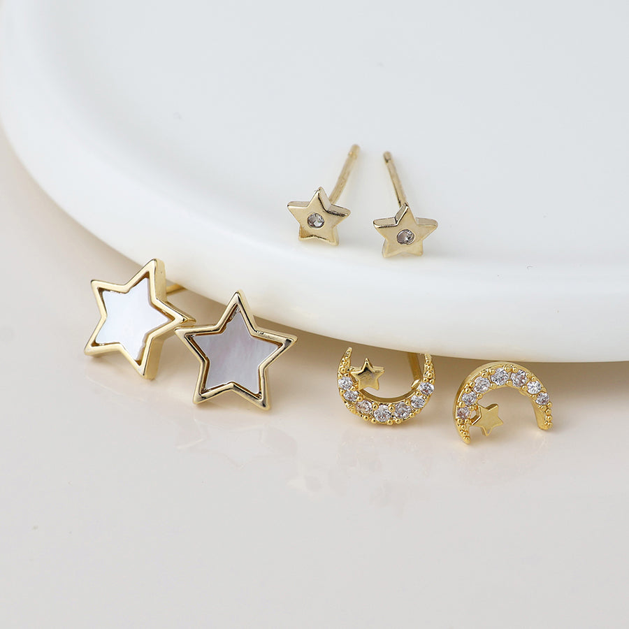 Golden triple moons and stars stud earring set