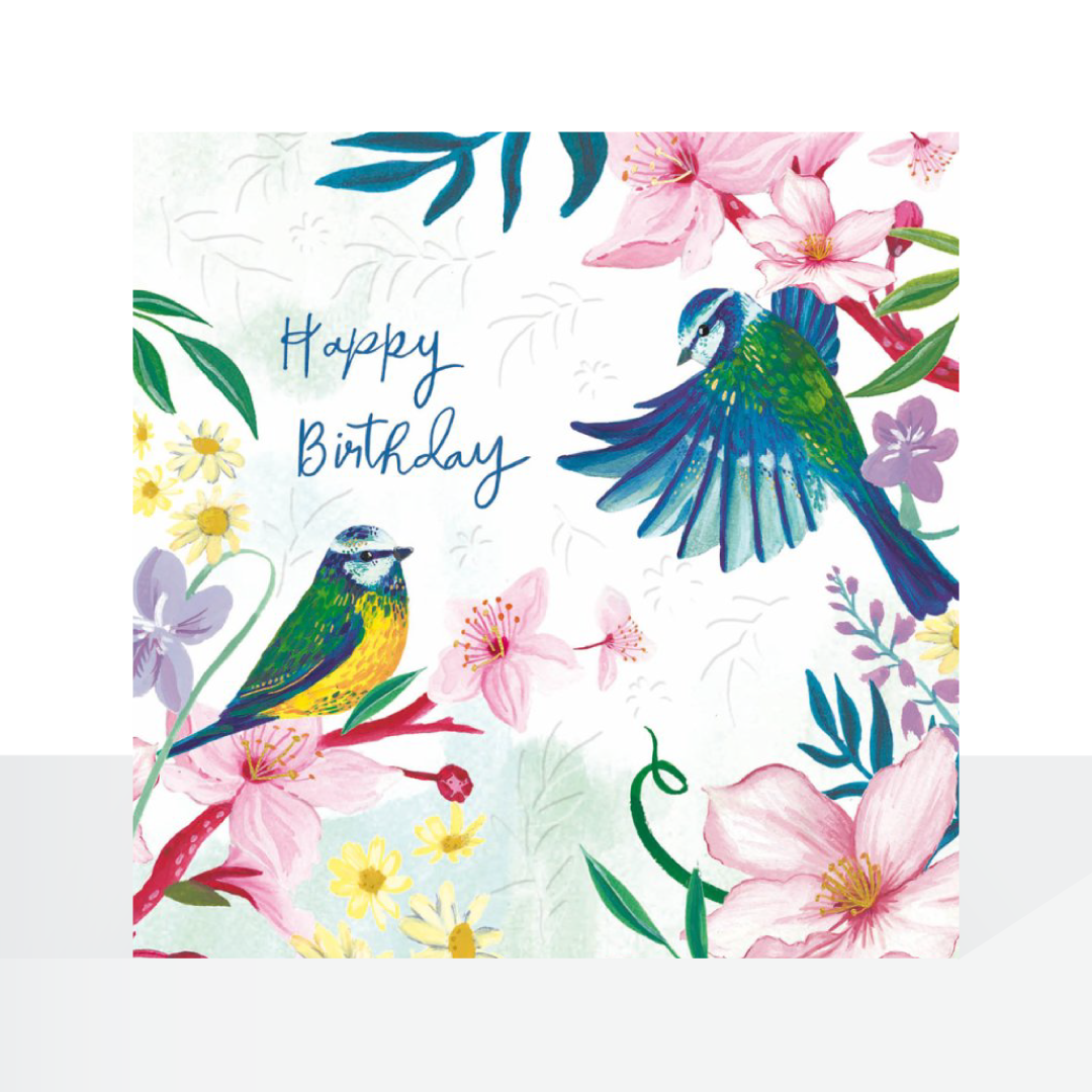 Beautiful birds, blue tits mayflower - card