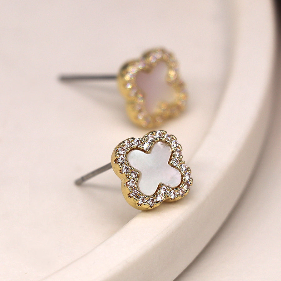 Golden crystal edged quatrefoil earrings