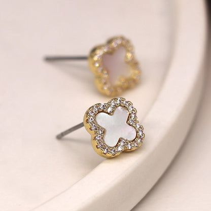 Golden crystal edged quatrefoil earrings