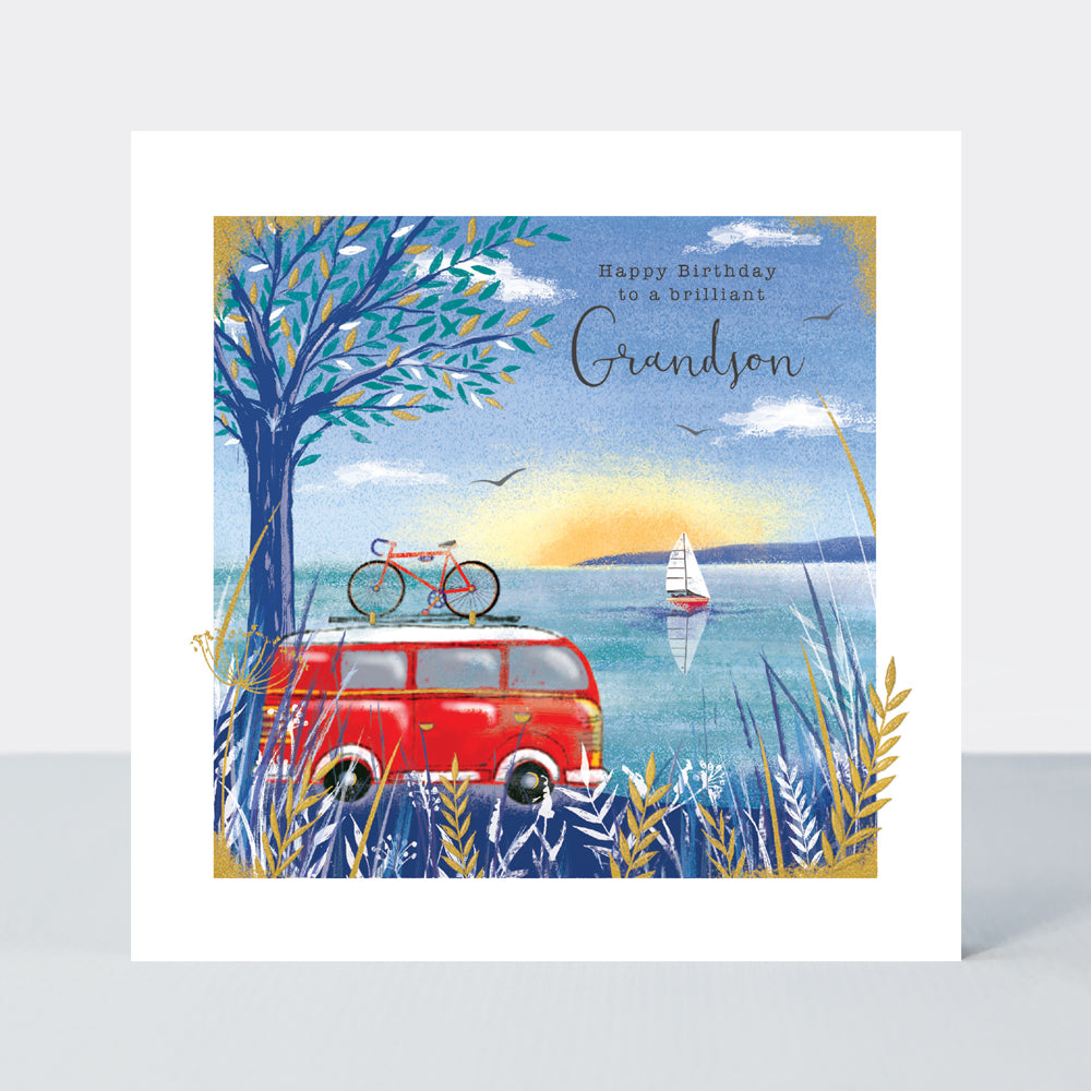 Grandson, birthday campervan by the sea - card