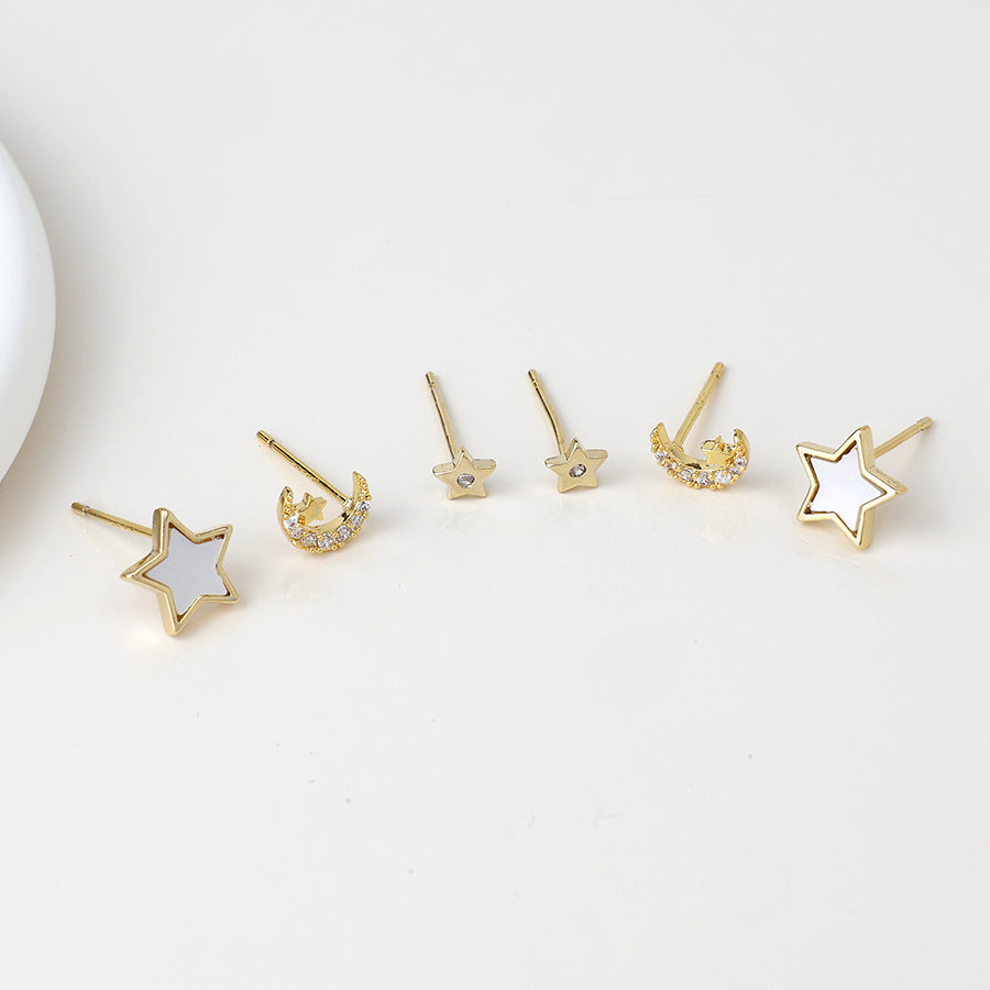 Golden triple moons and stars stud earring set