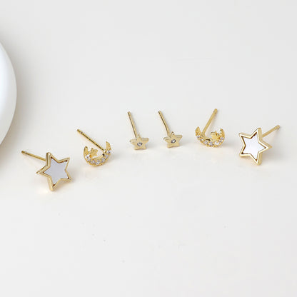 Golden triple moons and stars stud earring set