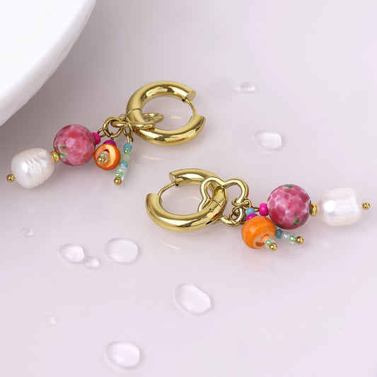 Waterproof gold plated hoop and bead cluster earrings