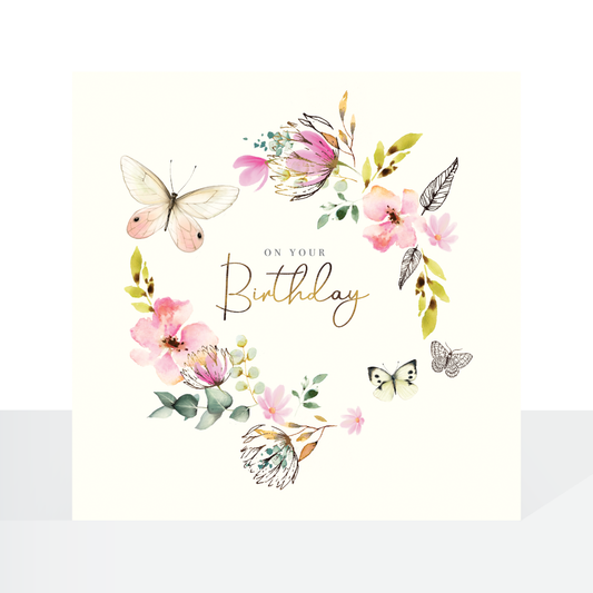 Peony rose butterfly wreath - birthday card
