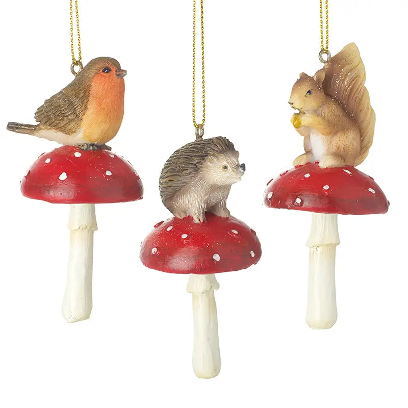 Hanging woodland animals on toadstools decorations Christmas