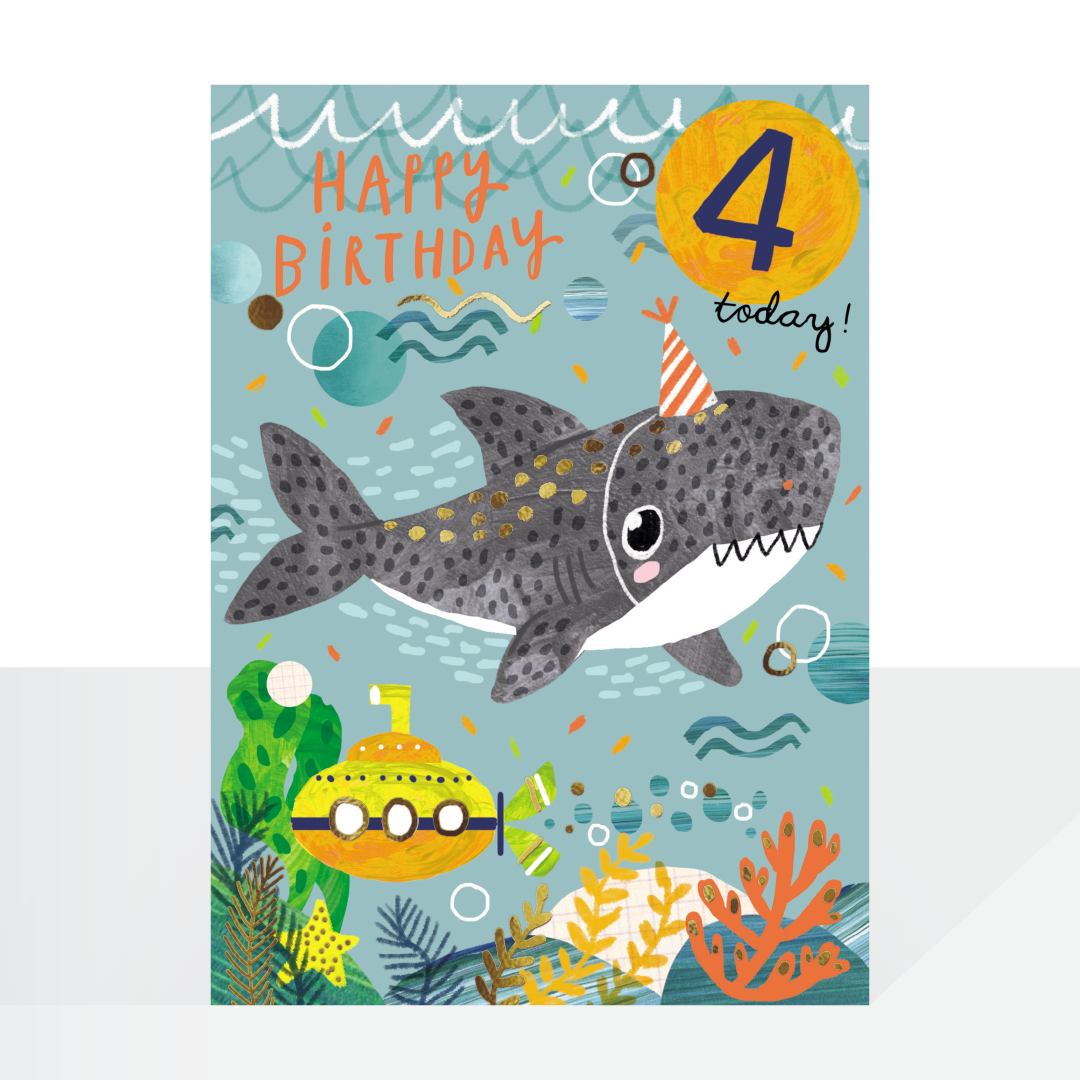 Age 4 shark party birthday card