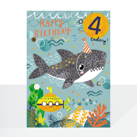 Age 4 shark party birthday card