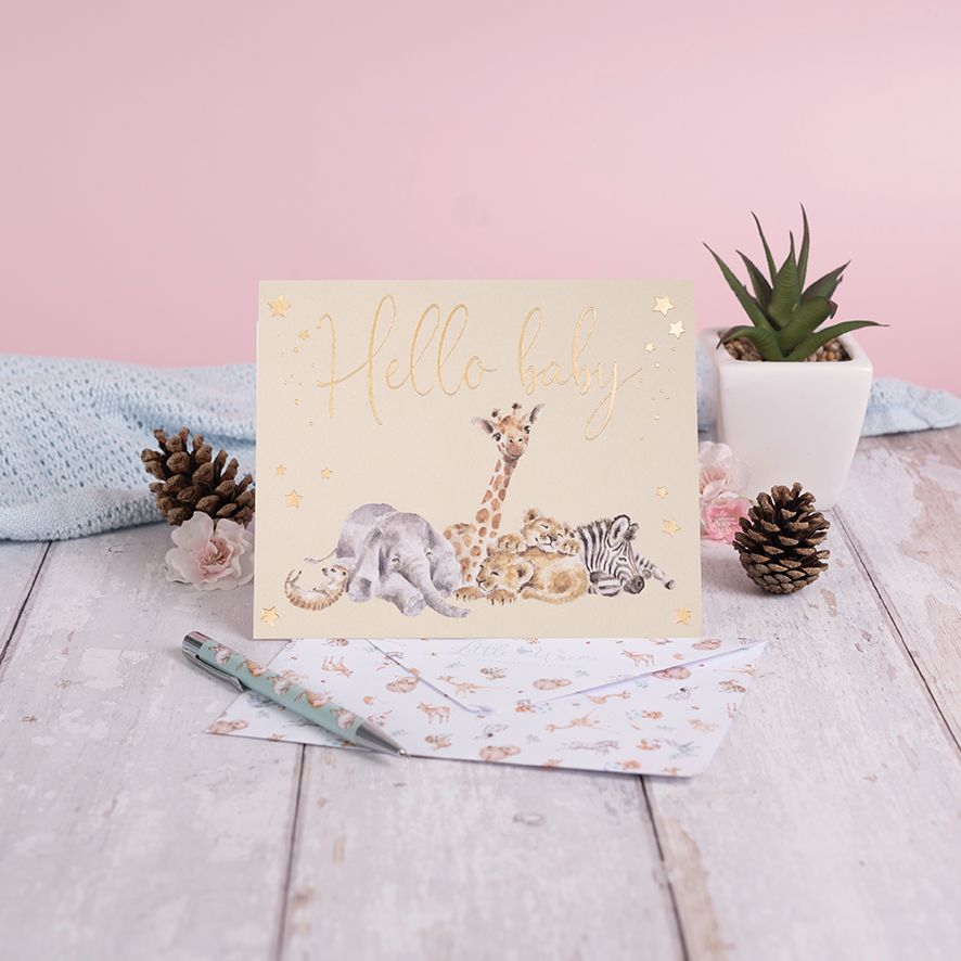 Hello baby - sleepy safari animals card