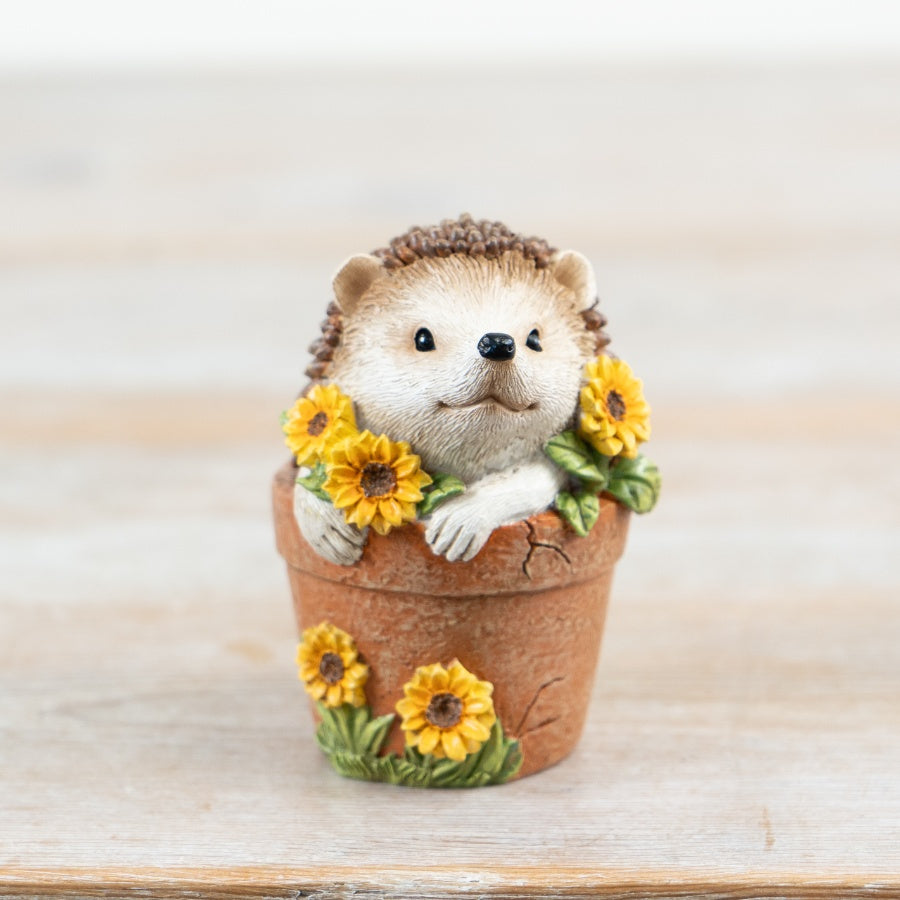 Hedgehog in plant pot with sunflowers