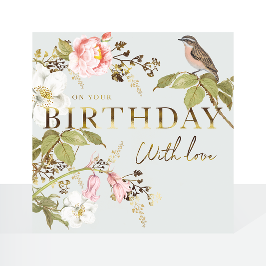 Meadow cottage bird & floral  - birthday card