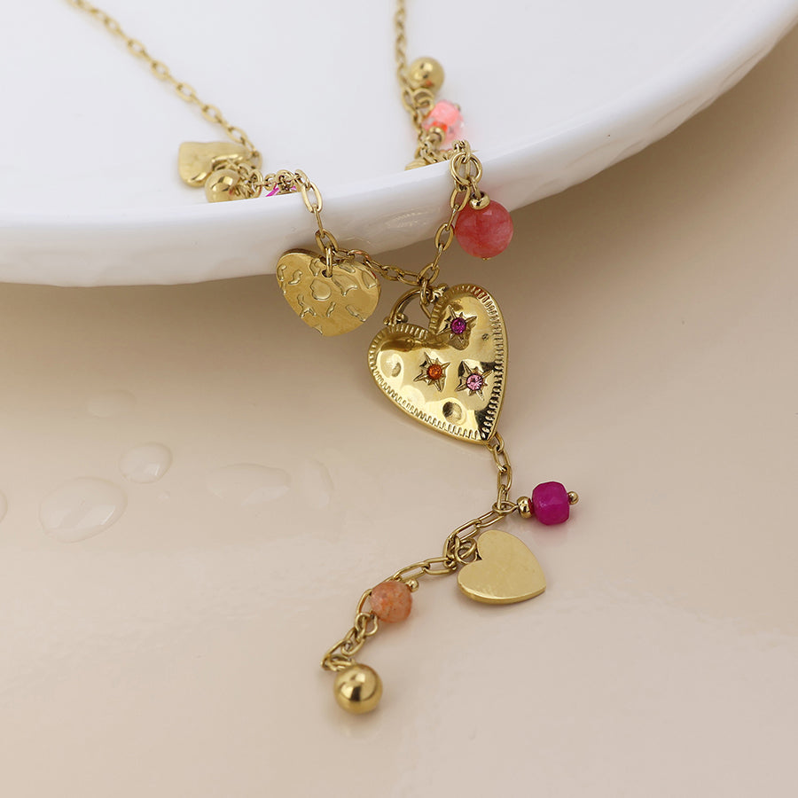 Waterproof gold plated pink bead and multi heart necklace
