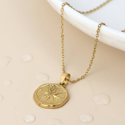Waterproof gold plated compass necklace