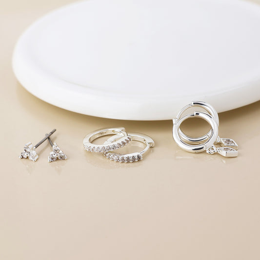 Silver crystal hoops and studs earring set