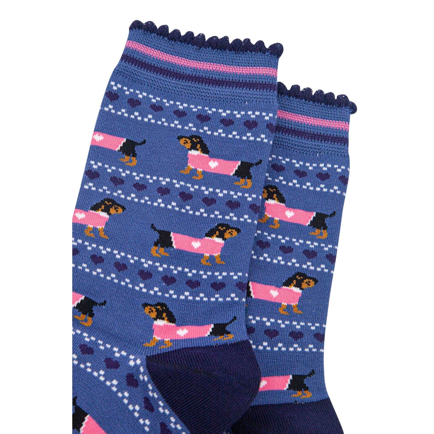 Women's Bamboo Socks - Blue/Navy, Sausage Dogs Fair Isle