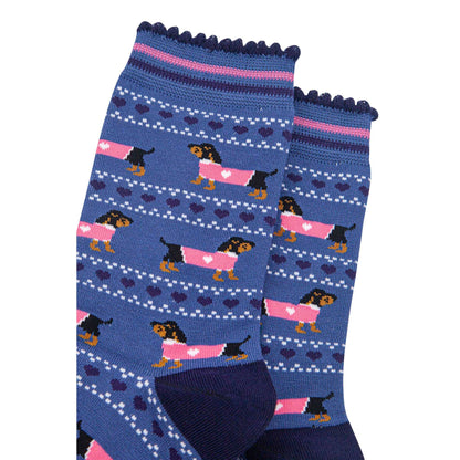 Women's Bamboo Socks - Blue/Navy, Sausage Dogs Fair Isle
