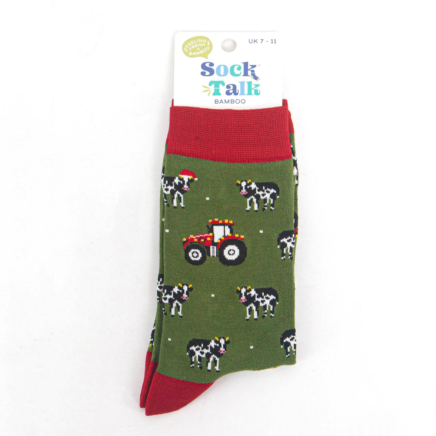 Men's Bamboo Socks - Green/Red, Christmas Cow and Tractor