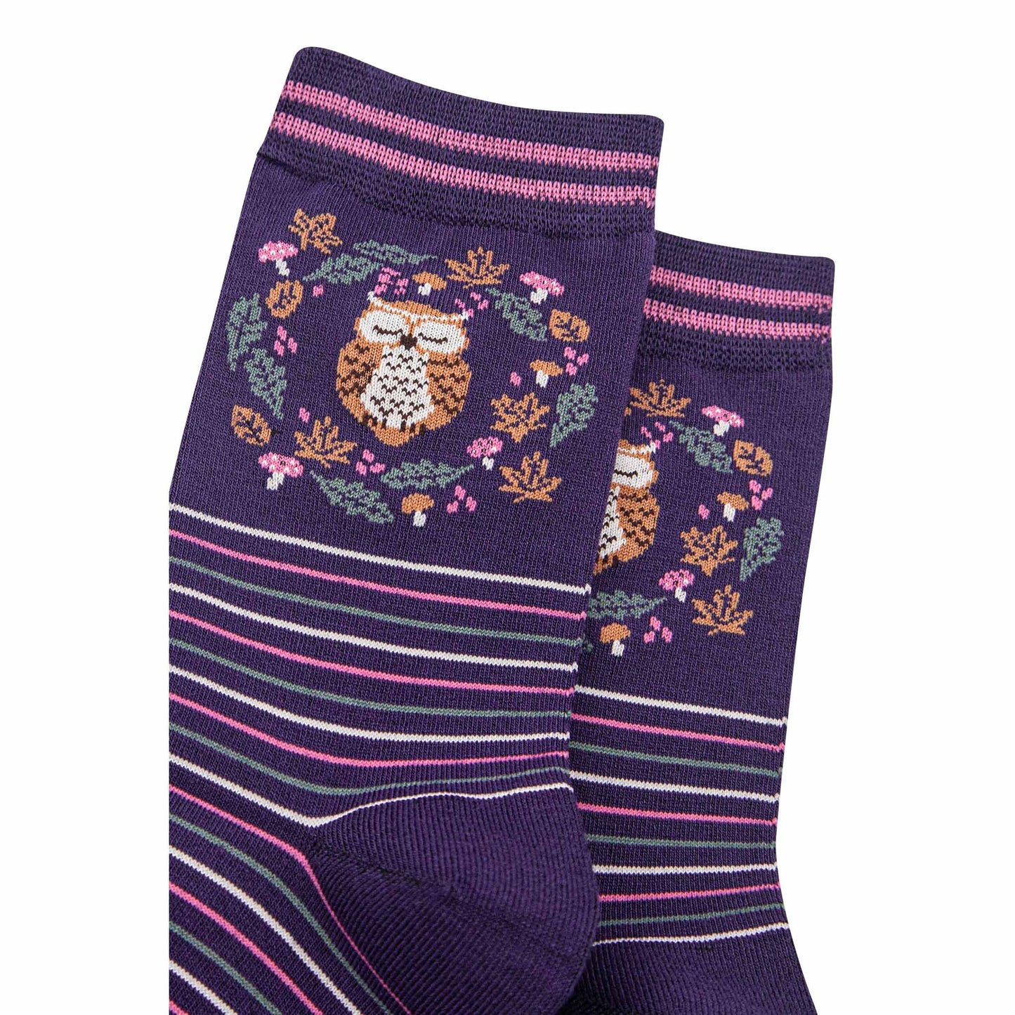 Women's Bamboo Socks - Navy Blue/Sage, Owl in Wreath