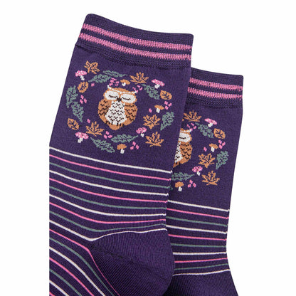 Women's Bamboo Socks - Navy Blue/Sage, Owl in Wreath