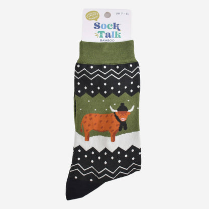 Men's Bamboo Socks - Green/Black, Winter Highland Cow