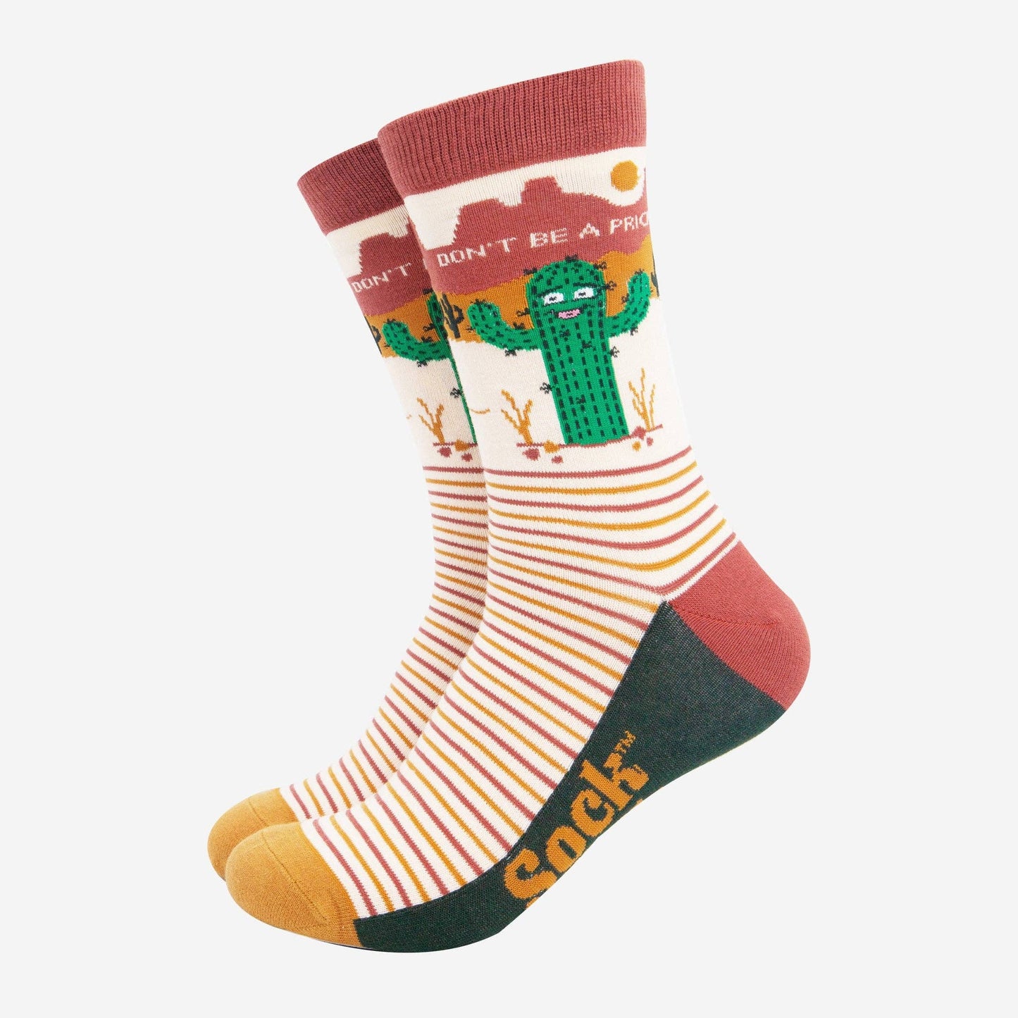Men's Combed Cotton Crew Socks- Cream, Prickly Cactus