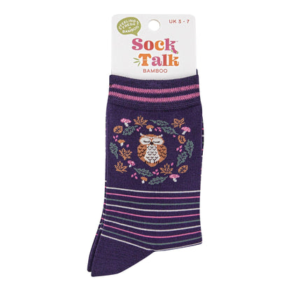 Women's Bamboo Socks - Navy Blue/Sage, Owl in Wreath