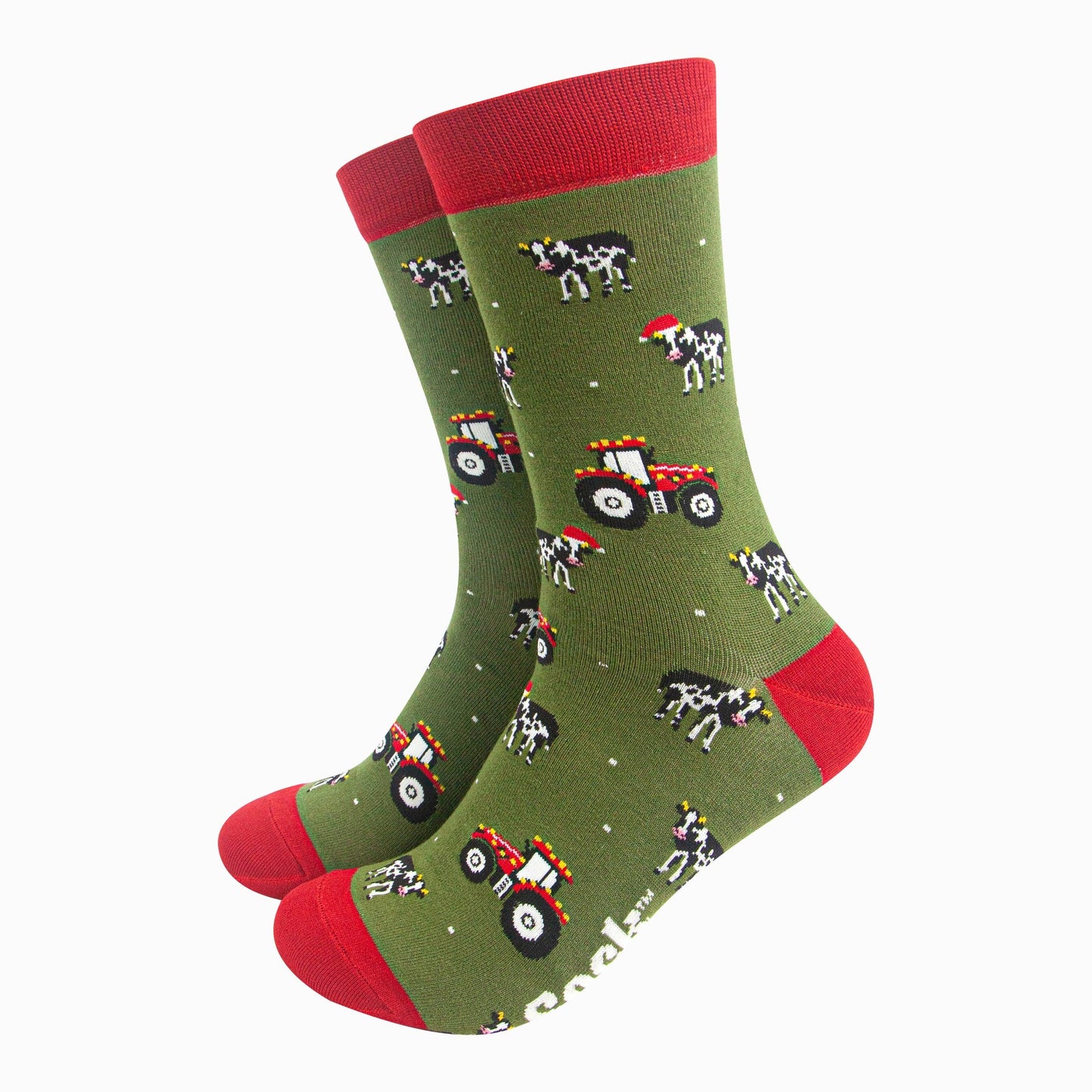 Men's Bamboo Socks - Green/Red, Christmas Cow and Tractor