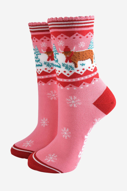 Women's Bamboo Socks - Pink/Red, Christmas Highland Cow