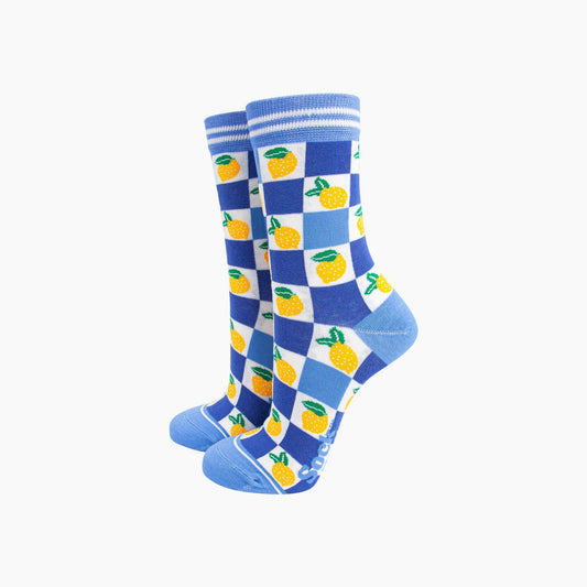 Lemon Checkerboard Bamboo Socks in Blue
