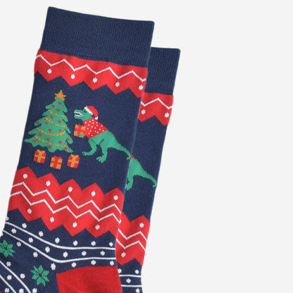 Men's Bamboo Socks - Navy Blue/Red, T-Rex Christmas Tree