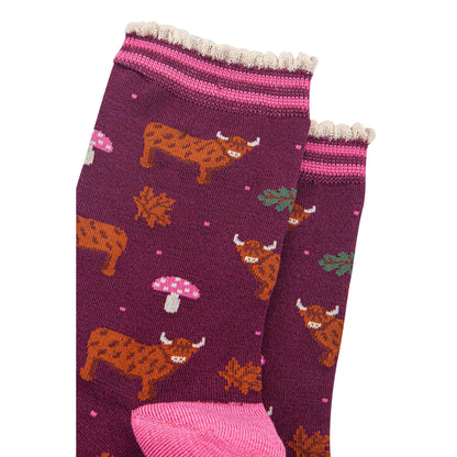 Women's Bamboo Socks - Berry/Cream, Highland Cow Toadstool