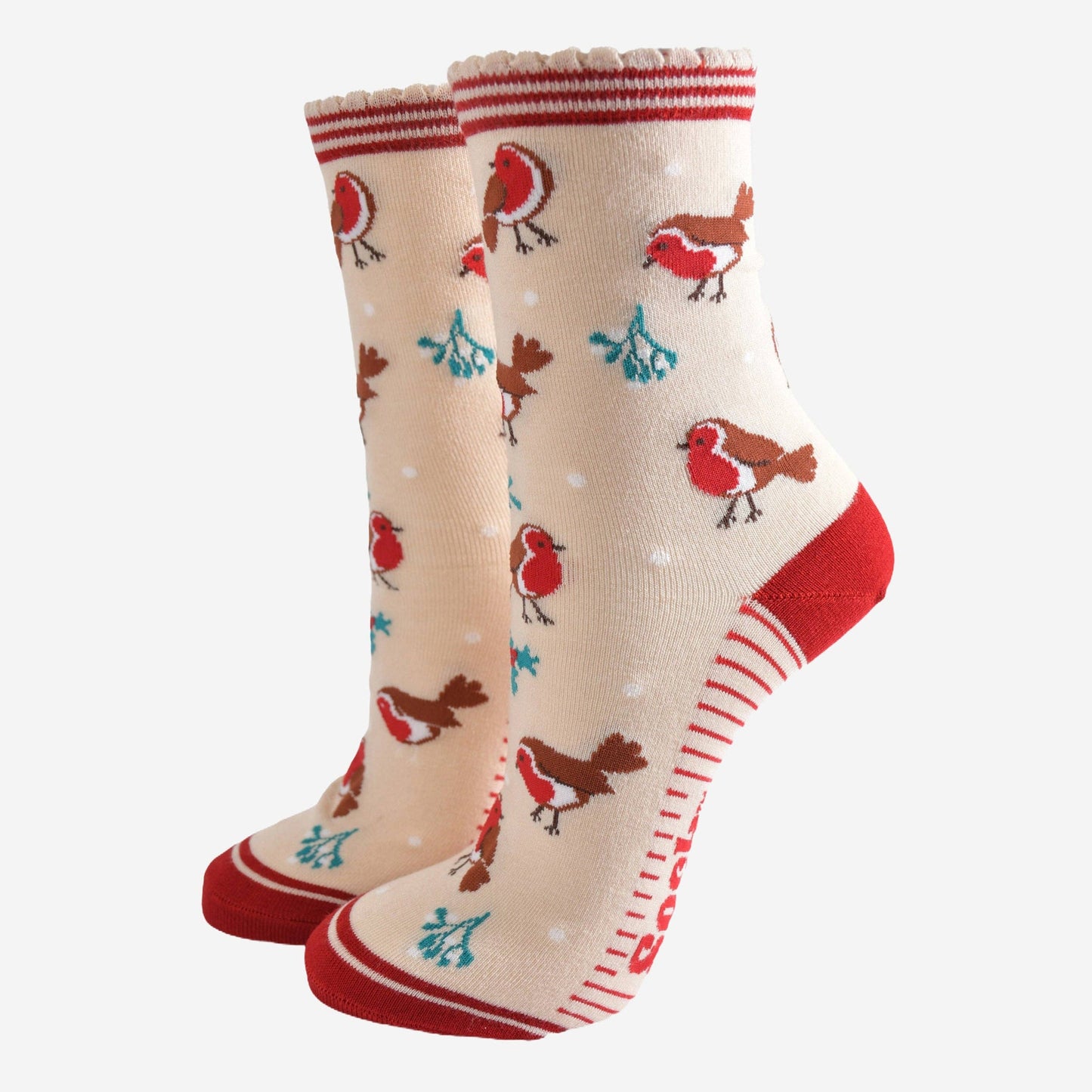 Women's Bamboo Socks - Cream/Red, Christmas Robin