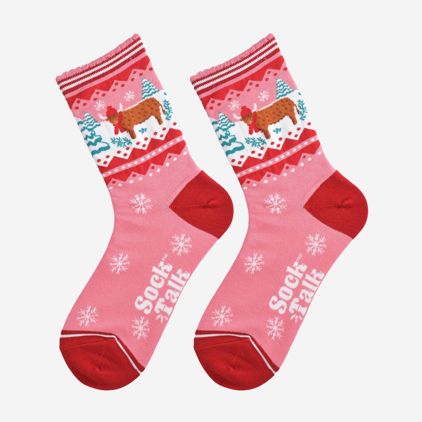 Women's Bamboo Socks - Pink/Red, Christmas Highland Cow