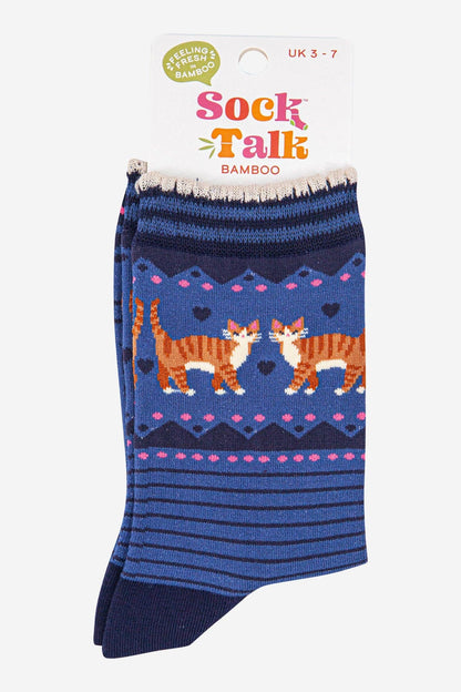 Women's Bamboo Socks - Denim Blue/Navy Blue, Ginger Cats
