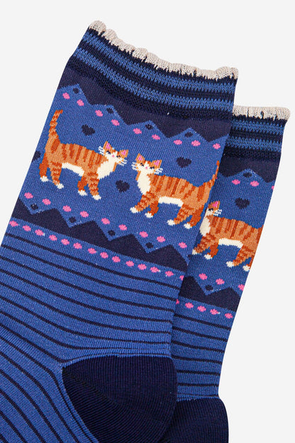 Women's Bamboo Socks - Denim Blue/Navy Blue, Ginger Cats
