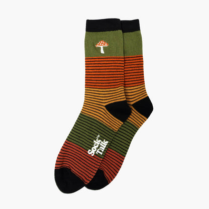 Embroidered Toadstool Striped Combed Cotton Socks in Khaki