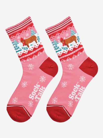 Women's Bamboo Socks - Pink/Red, Christmas Highland Cow