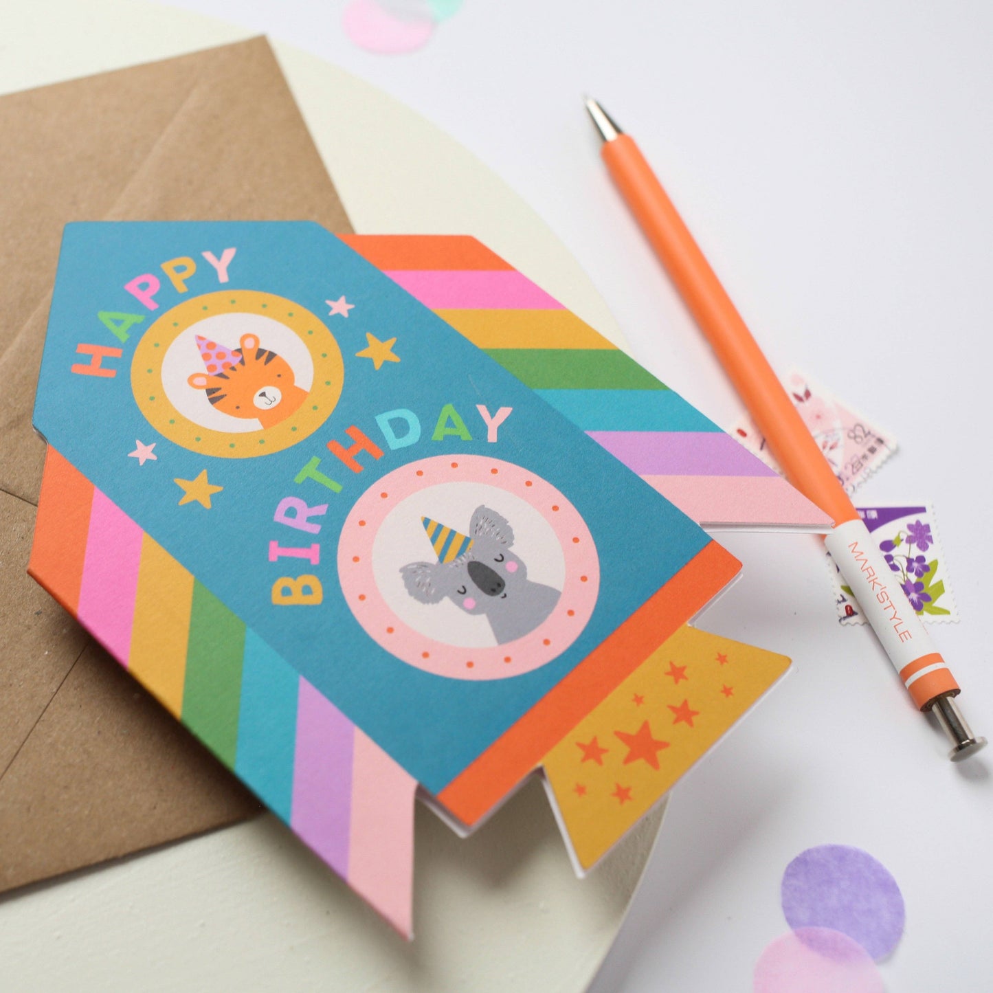 Die Cut Rainbow Rocket Birthday Card with Animal Friends