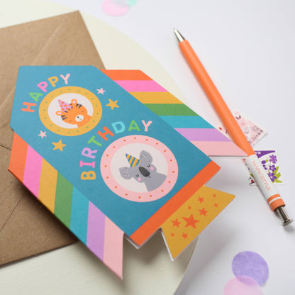 Die Cut Rainbow Rocket Birthday Card with Animal Friends