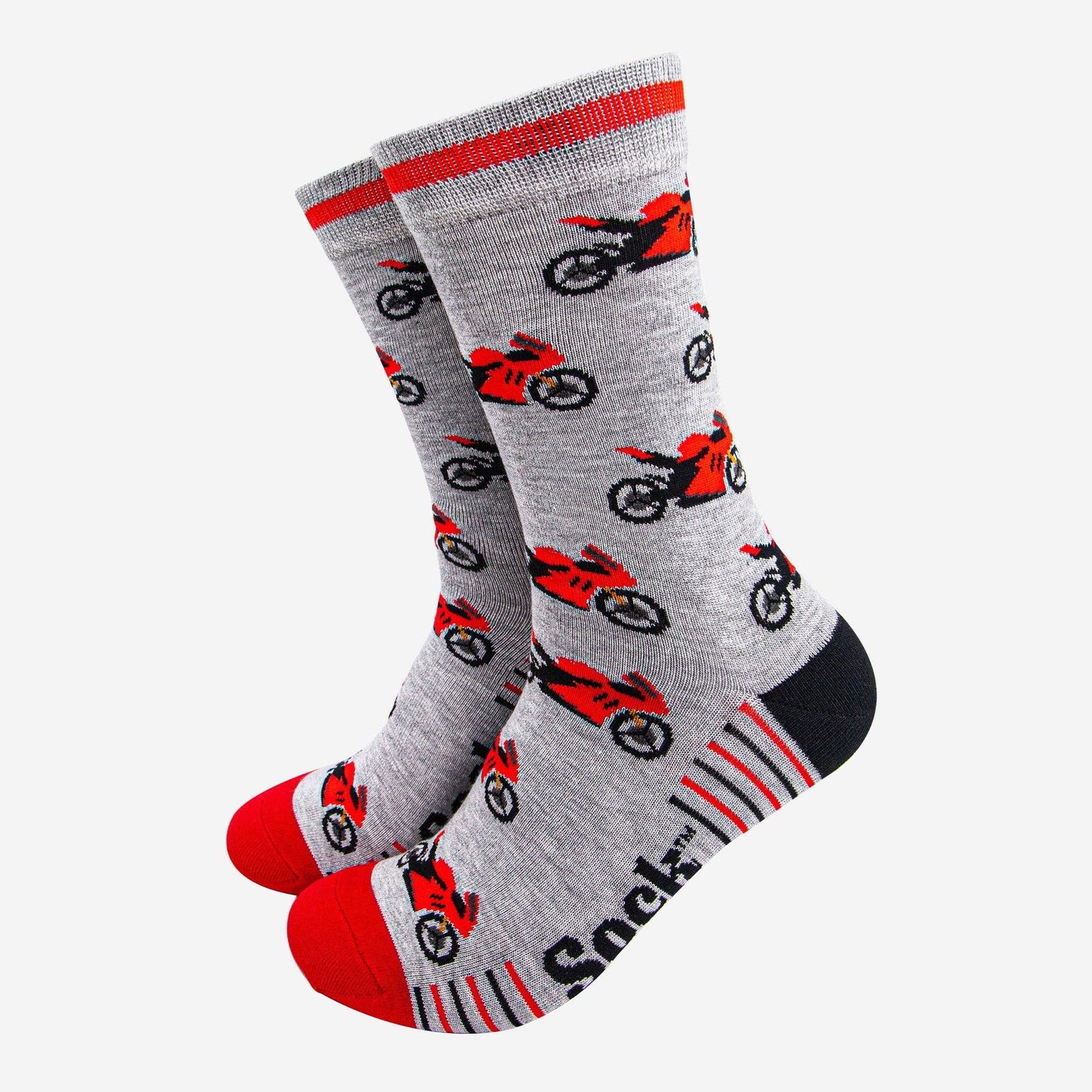 Men's Bamboo Socks - Light Grey/Red, Motorbikes
