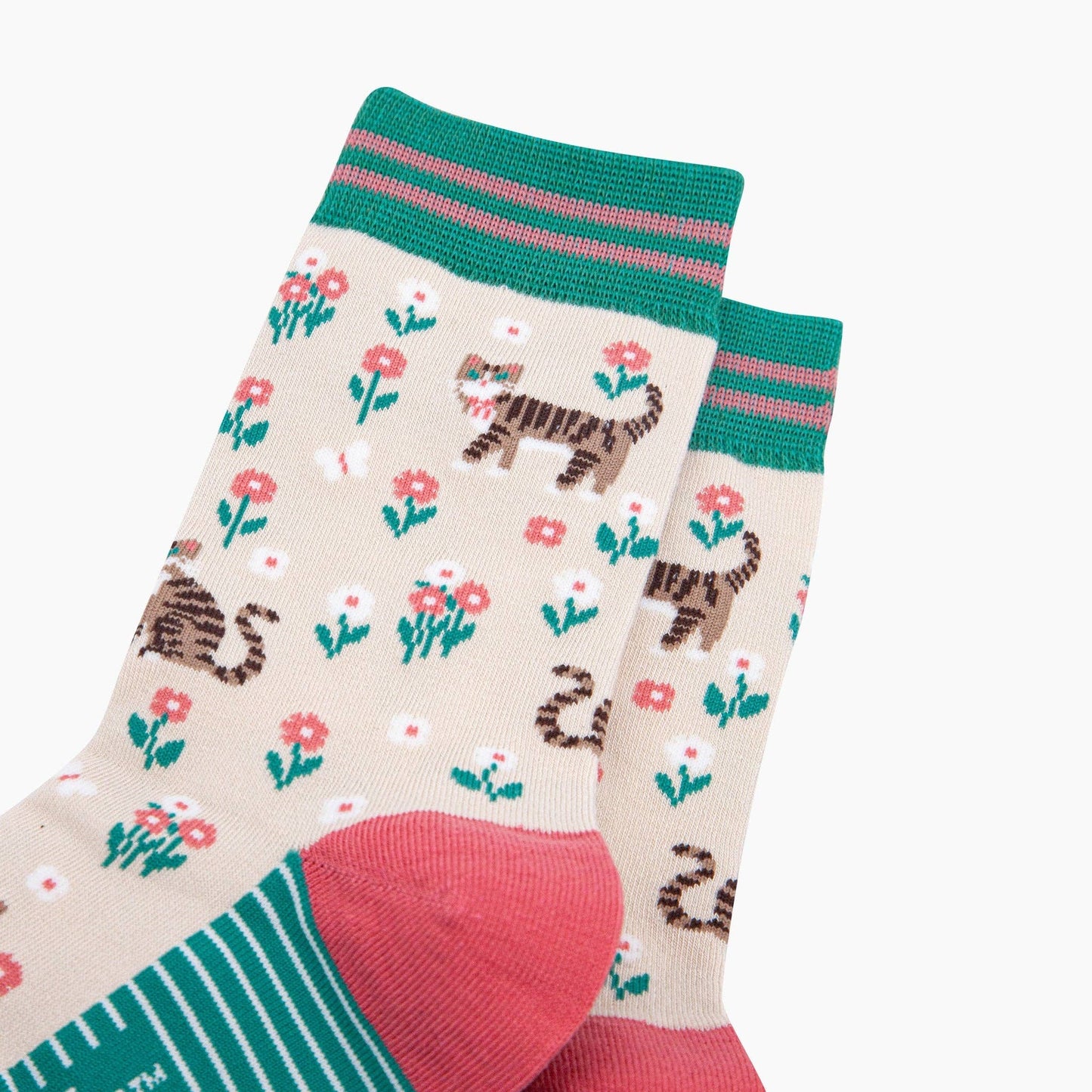 Tabby Cat Floral Bamboo Socks in Cream