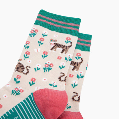 Tabby Cat Floral Bamboo Socks in Cream