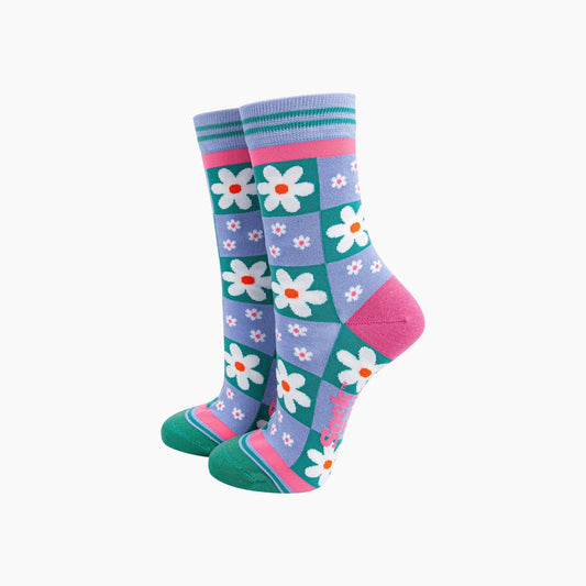 Flower Checkerboard Bamboo Socks in Blue