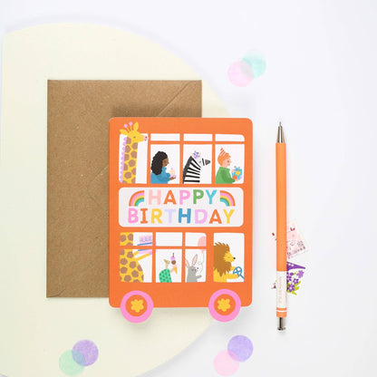 Playful Double Decker Bus Birthday Card for Children