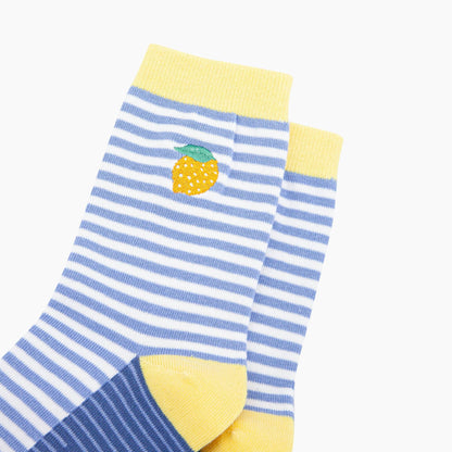 Embroidered Lemon Striped Combed Cotton Socks in Blue