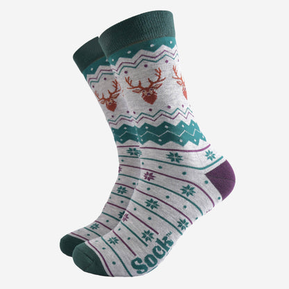 Men's Bamboo Socks - Grey/Green, Stag Fair Isle